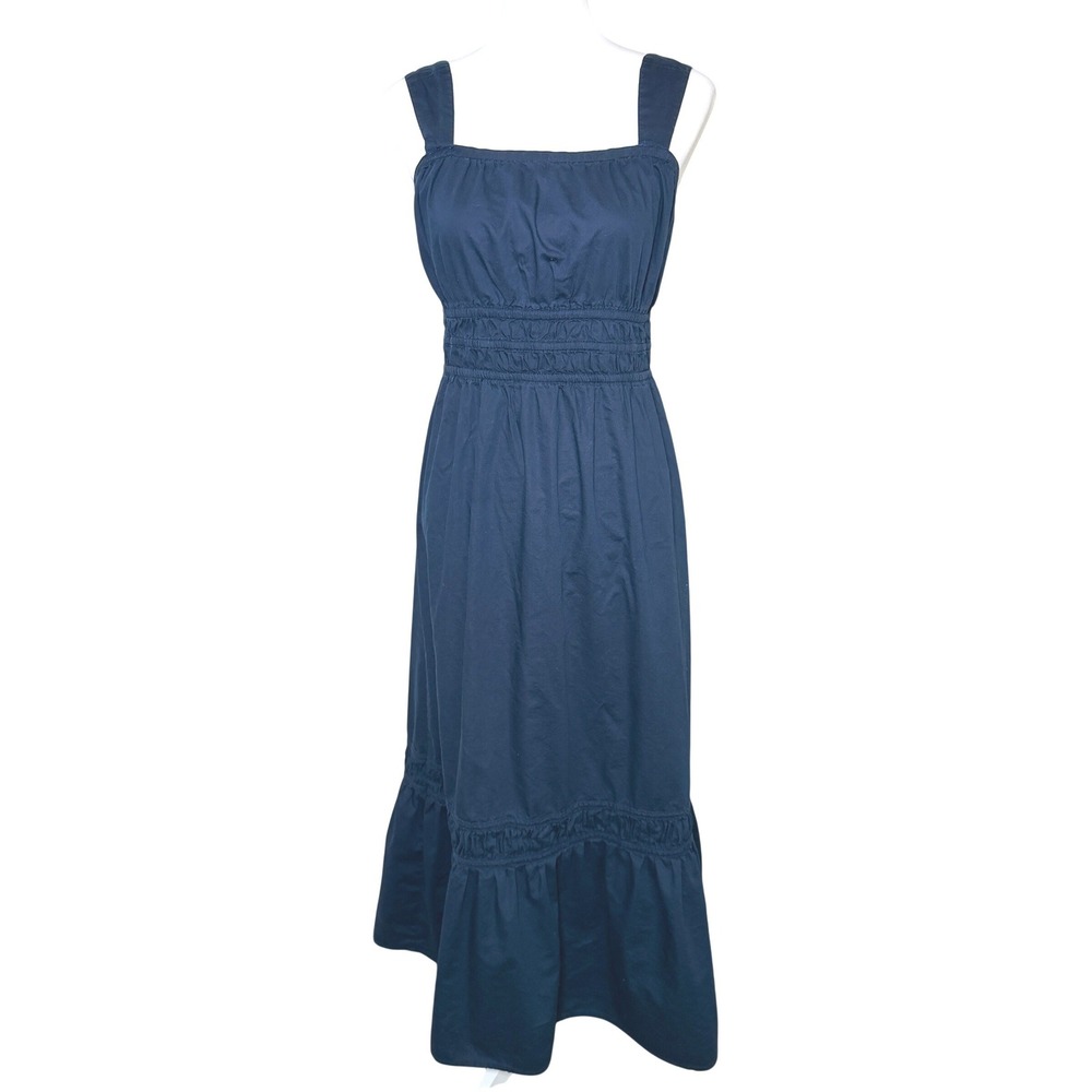 LOFT Small Navy Blue Smocked Waist Tiered Ruffle Midi Dress Cottage Coastal READ